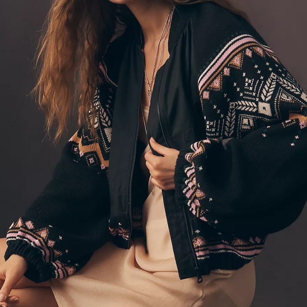 Final Price ⭐️Anthropologie Black Bomber Jacket with Pink & Tan Pattern